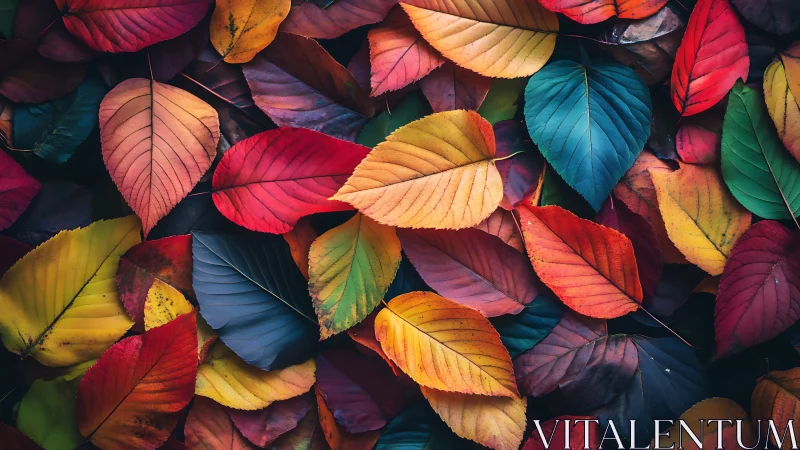 Multicolored autumn leaves arranged in a dense layered pattern.