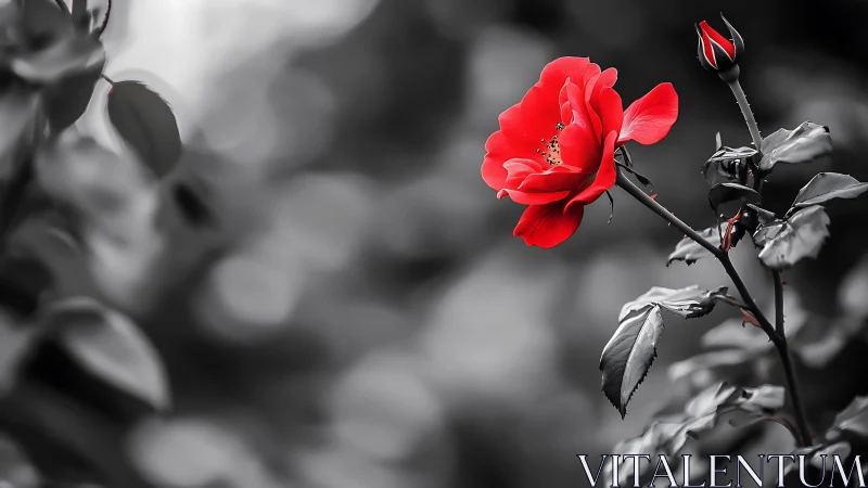 Red Rose Bloom Against Monochrome Background