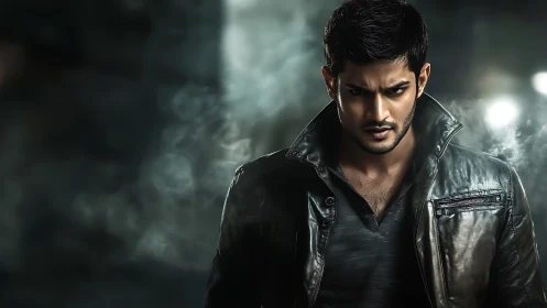 Brooding man in leather jacket against smoky dark background.