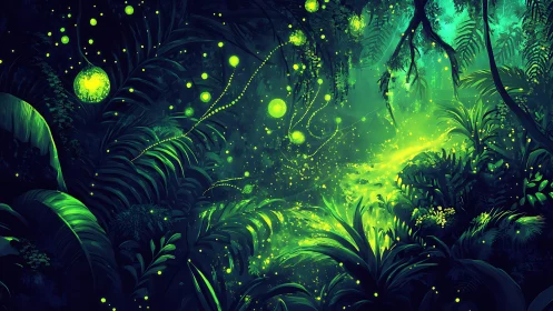 Bioluminescent forest canopy with glowing particles and trailing light