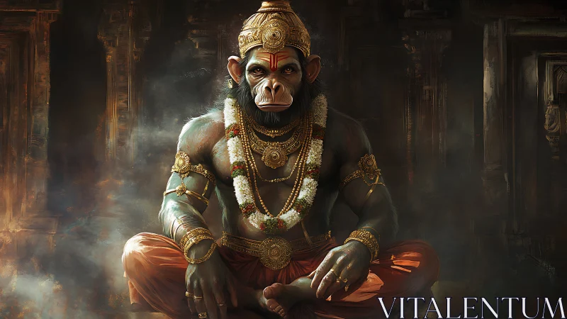 Divine simian warrior sits in temple glow, garlanded, armed