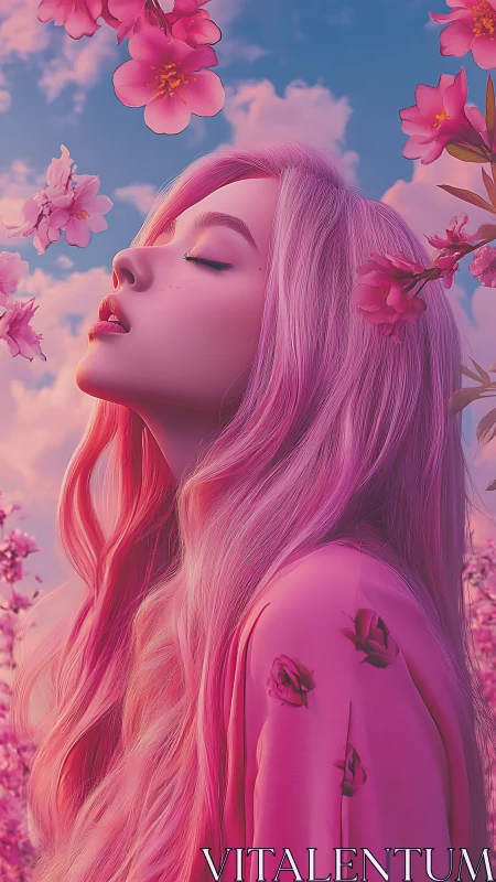 Pink dreamer breathes blossom skies in serene reverie.