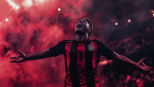Triumphant soccer player celebrating under red stadium lights.