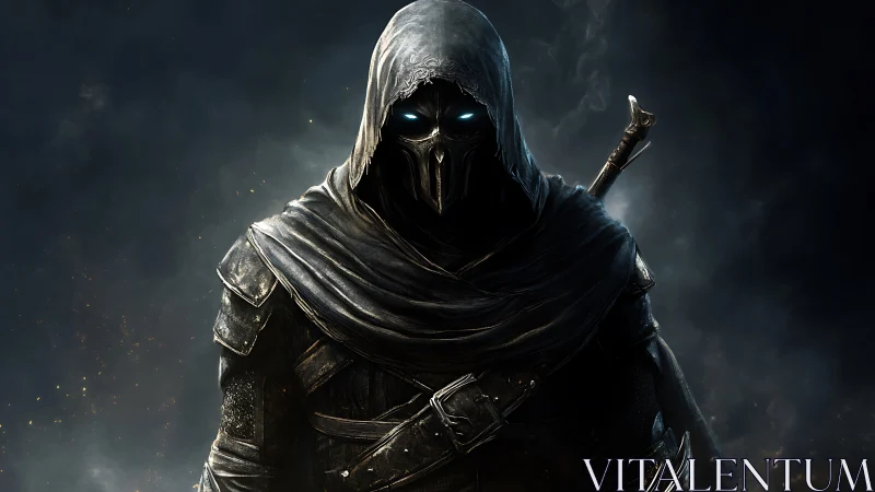 Hooded spectral assassin stands shrouded in swirling shadow.