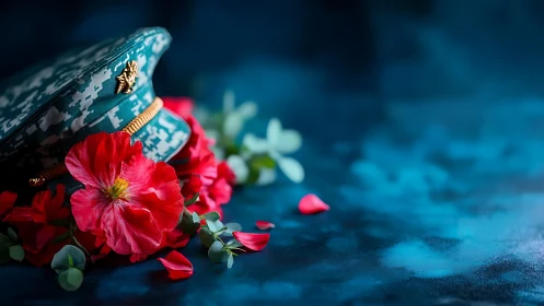 Military cap rests beside vivid red flowers on blue surface