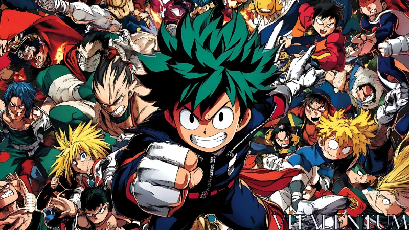 Energetic green haired hero charging forward with brave friends.