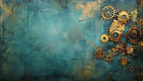 Rustic brass gears on textured turquoise painted background.