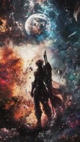 Armored warrior stands beneath fractured cosmic planet sky