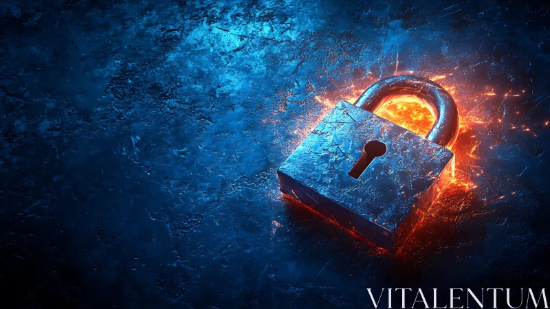 Glowing padlock sits in vivid blue light and fiery sparks
