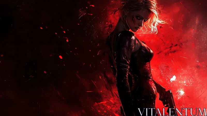 Female figure with handgun against red abstract field.