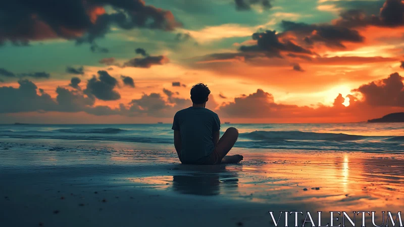 Solitary figure observes vivid ocean sunset from shore