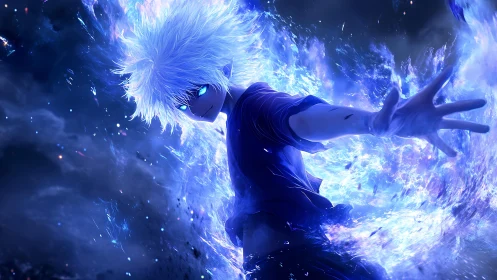 White haired anime boy unleashes blue cosmic energy wave