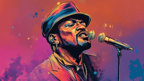 Digital painting portrait of soul singer in neon gradients.