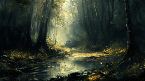 Ethereal River Sanctuary Where Ancient Trees Guard Golden Light