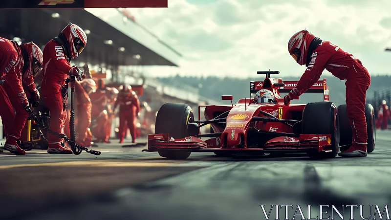 Formula 1 pit stop with red race car and full crew on track.