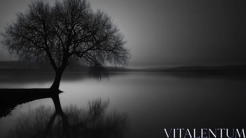 Solitary lakeside tree stands in tranquil monochrome mist