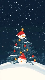 Snowman tree with ornaments under falling night snow.