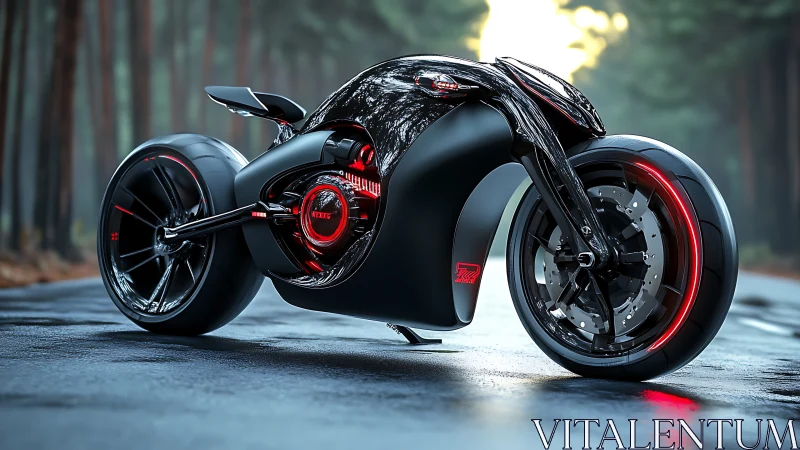Futuristic black concept motorcycle on wet forest road.