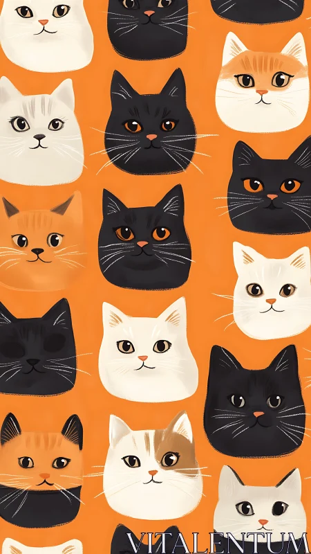 Whimsical Cat Faces Dance Across Bright Orange Canvas