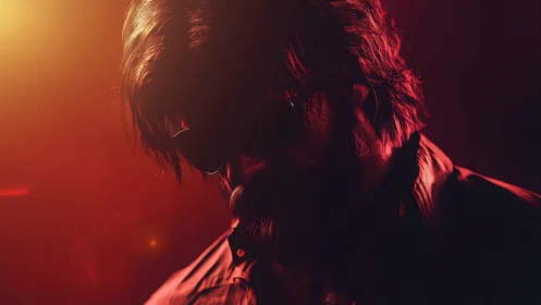 Bearded man in sunglasses under strong red backlighting