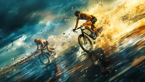 High-speed cyclists slice through explosive water and light