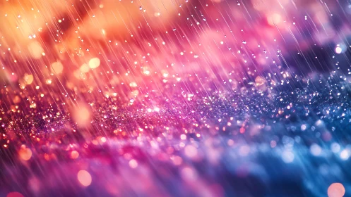 Glittering neon rain falls over a dreamy bokeh landscape