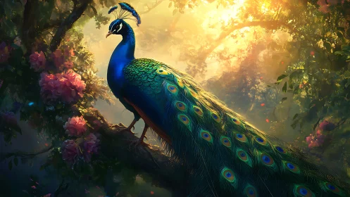 Digital illustration of peacock on branch in dense forest.