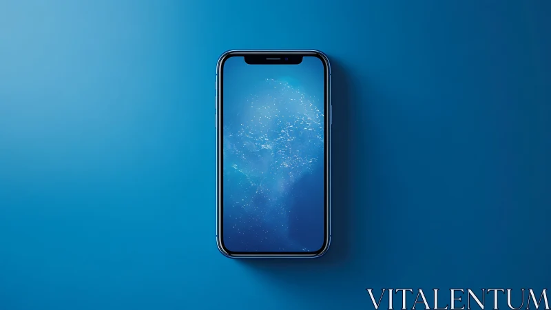 Bezel-less smartphone on cyan ground with luminous aqueous display.