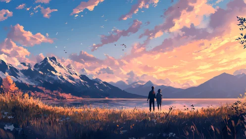 Silhouetted figures contemplate alpine lake at dramatic sunset.