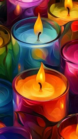 Luminous glass candles glow in swirling rainbow colors.