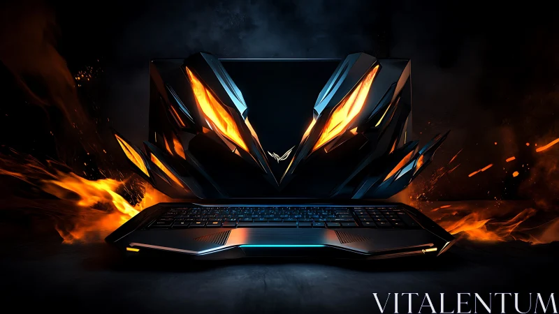 Gaming laptop erupts with fiery cybernetic power surge.