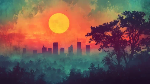 Sunlit city skyline emerges through misty neon forest haze
