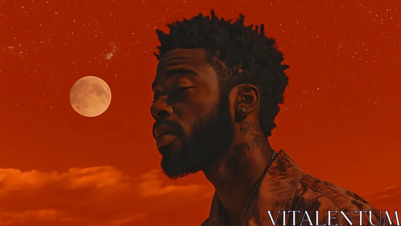 Silhouetted man under red night sky and full moon gaze