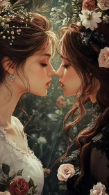 Twin Reflections: Ethereal Portraits Amid Botanical Blooms and Luminous Depths.