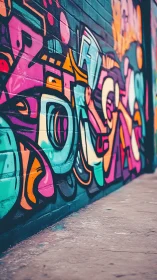 Vibrant urban graffiti mural curves along shallow street plane