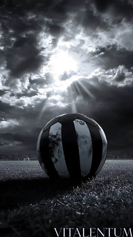 Soccer ball on grass under dense clouded sky at stadium.