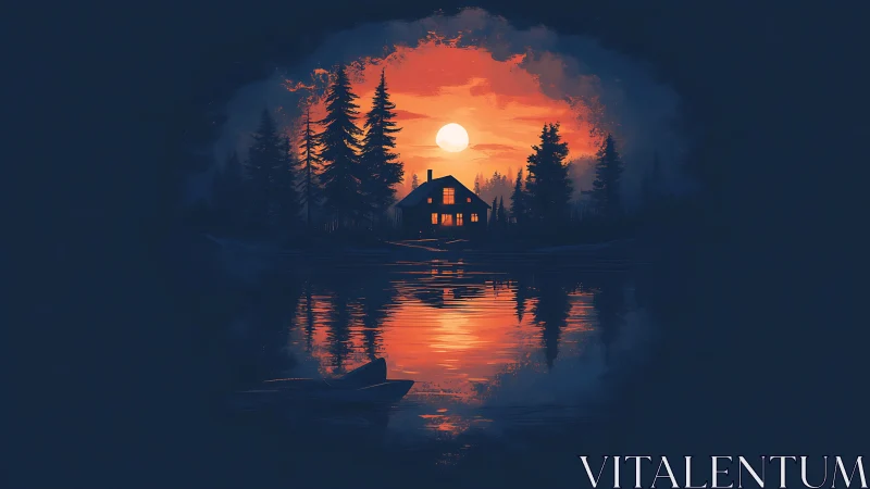 Lakeside cabin silhouette under sunset sky with reflection.