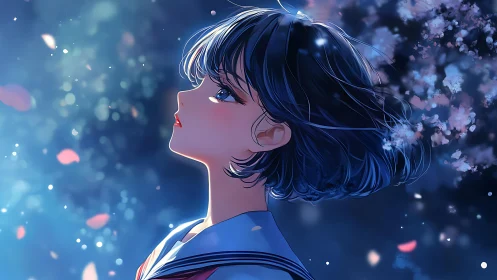 Side profile of student in uniform facing luminous night sky