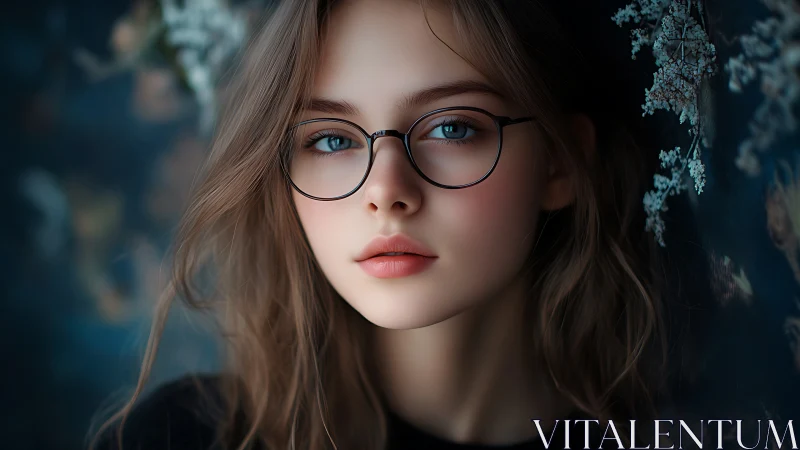 Soft-focus portrait of bespectacled girl in cyan bokeh field.