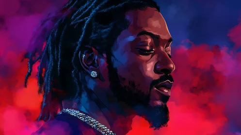 Neon quiet storm of a jeweled dreamer in crimson clouds.