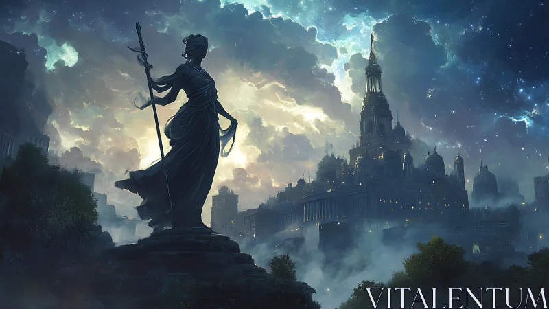 Silhouetted goddess statue overlooking luminous fantasy city