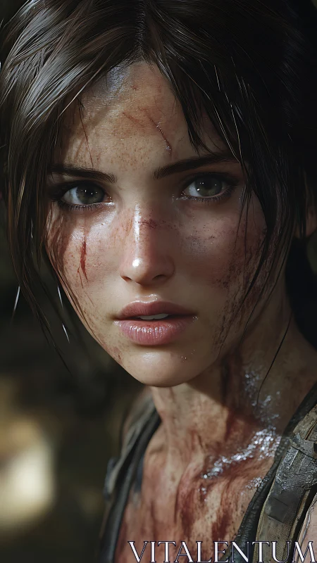 Battle-worn female explorer close-up in muddy jungle lighting