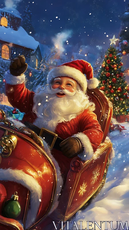 Joyful Santa rides shining sleigh through snowy Christmas town.