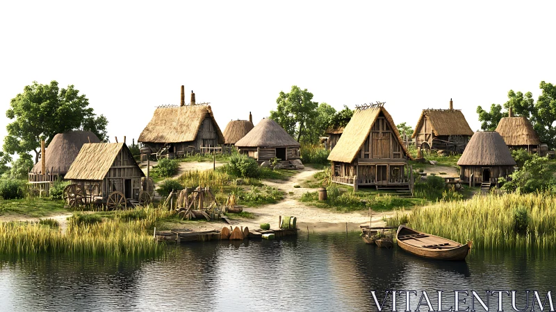 Riverside medieval village with wooden thatched buildings shown.
