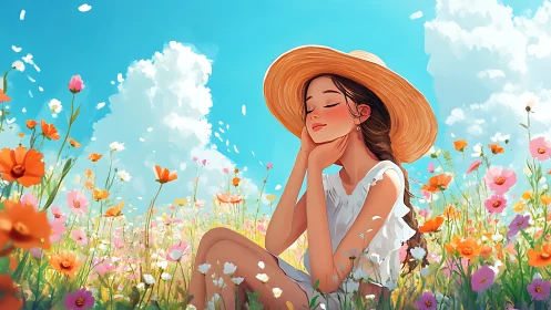 Young woman seated in bright flower field under blue sky.