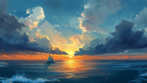 Sailboat crosses calm ocean beneath dense sunset clouds