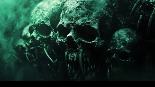 Jagged fanged skulls emerge from toxic green misted darkness.