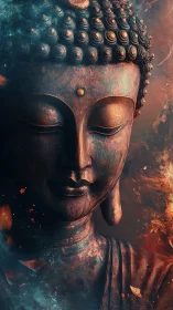 Bronze Buddha bust with nebula-like embers and cool smoke