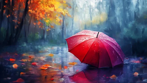 Red umbrella rests in glowing autumn rain puddles.