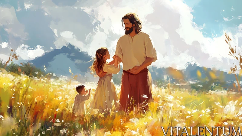 Man standing in sunlit meadow with two children in flowers